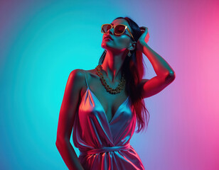 Woman in shiny silk dress poses with sunglasses and necklace. Neon lights create a vibrant, futuristic mood. She touches her hair while looking up.