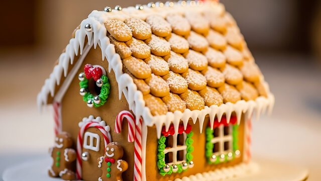 A festive gingerbread house decorated with white icing and cookie roof tiles.