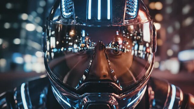 A futuristic racer speeds through the dark urban night, captured in a moody close-up showing the glowing blue helmet and city reflections.