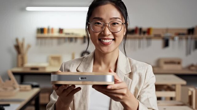Young Asian businesswoman smiles while reviewing a tablet in a bright modern woodworking workshop a symbol of innovation and craftsmanship blending seamlessly together