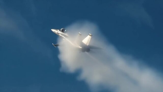 Fighter jet breaking sound barrier sonic boom cloud forming high altitude blue sky contrails behind