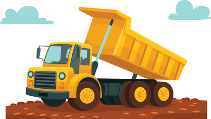 Dump truck illustration with raised bed, dirt surface, and stylized clouds for construction, transportation, and industrial themes. © Kseniia Dizdar