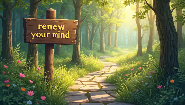 Wooden sign with yellow text renew mind stands beside winding stone path through sunlit forest. Rich green grass, colorful small flowers border walkway creating peaceful natural scene. Trees with