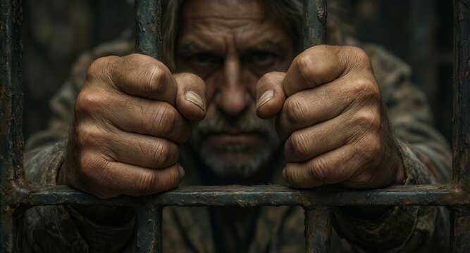 desperate man with clenched fists gripping prison bars, conveying confinement and struggle.