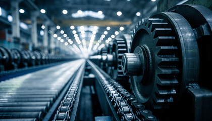 Gears and machinery in an industrial factory setting with a conveyor belt and bright lighting