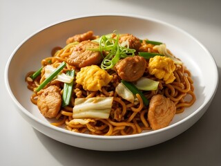 Naklejka premium High-quality photo of Mie Goreng Jawa, Indonesian fried noodles with chicken, egg, and vegetables, perfect for menus, brochures, and commercial food use.