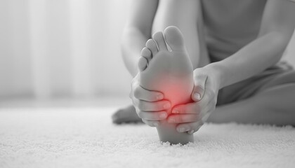 Foot pain, injury, and healthcare concept; woman holding her aching sole, highlighted in red, on a soft carpet