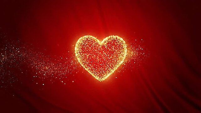 Glowing Golden Heart Particle Animation on Deep Red Background, Romantic Luxury Valentine Love Motion Background