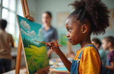 Young African American girl paints landscape on canvas with brush. Diverse classmates and teacher watch art lesson in classroom. Young artist works on colorful picture with talent.