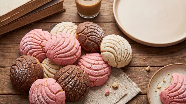 Assortment of colorful conchas with coffee and books on rustic wood
