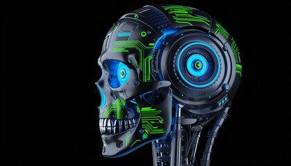 Futuristic skull with neon lights and mechanical components on a dark background