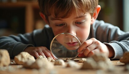 Young boy intently examines rocks and fossils using a magnifying glass. His focused gaze and curious expression highlight his scientific exploration and discovery of ancient artifacts.