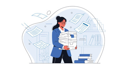 Overwhelmed business woman carrying a massive stack of papers and folders through an office while more documents fly around.