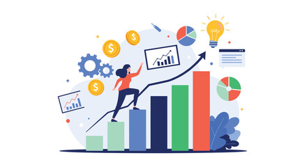 Obraz premium Ambitious businesswoman climbing up a rising bar chart towards success with financial icons and an idea bulb in the background.