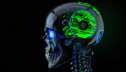 A robotic skull with glowing blue eyes and green circuitry is displayed in a dark environment