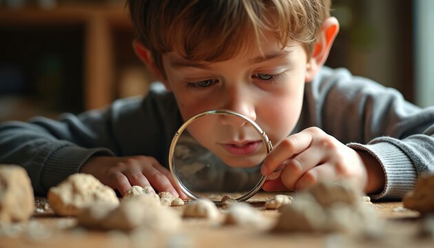 Young boy intently examines rocks and fossils using a magnifying glass. His focused gaze and curious expression highlight his scientific exploration and discovery of ancient artifacts. - Powered by Adobe