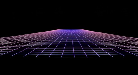 Glowing perspective grid extends toward a distant horizon against a dark void