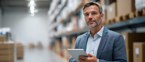 Confident middle-aged businessman using digital tablet in modern warehouse with shelves and boxes in background