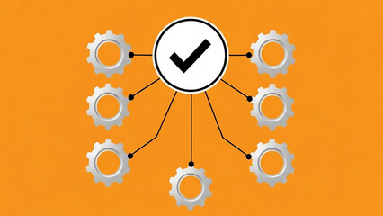 Central checkmark connected to multiple silver gears on orange background tick