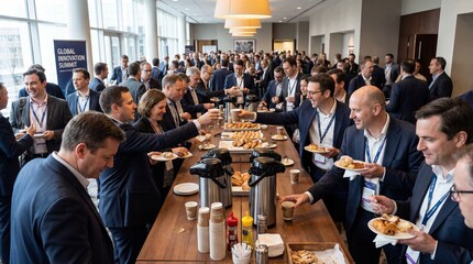 Business conference attendees enjoying coffee and pastries during a break