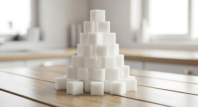 Sugar Cubes Stacked Pyramid on Wooden Table.