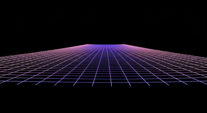 Glowing perspective grid extends toward a distant horizon against a dark void