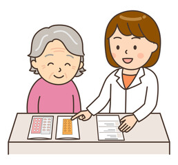 薬の説明をする若い女性薬剤師と患者のおばあさん
