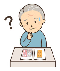 処方された薬を見ながら悩んでいるおじいさん