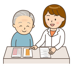 薬の説明をする若い女性薬剤師と患者のおばあさん