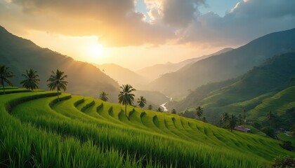 Green rice terraces cascade down mountainsides under warm sun. Palm trees dot rich landscape. River winds through misty valley. Farming agriculture in Southeast Asia.