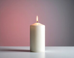 White pillar candle burns with a steady golden flame, casting soft, warm light against a tranquil background blending muted pink and gray tones beautifully