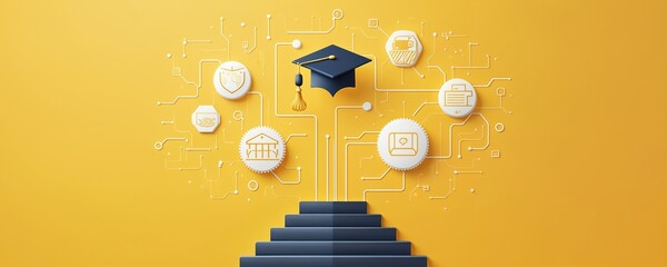 Steps lead up to graduation cap with icons like laptop bank and shield. Digital network connects education symbols on yellow background. Career growth and online learning concept.