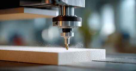 Close-up of CNC milling machine cutting foam material with dust particles in industrial workshop environment
