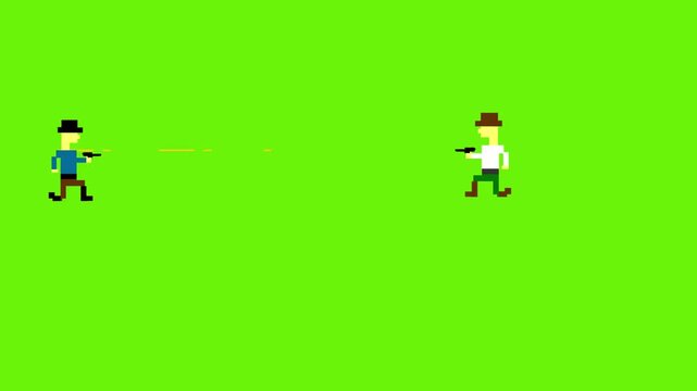Pixel art style animation of an old game with characters shooting at each other on a green background. Vintage, art, game, 2D.