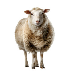 Sheep and lamb with wool and curved horns standing on a clean white background in a simple farm animal portrait
