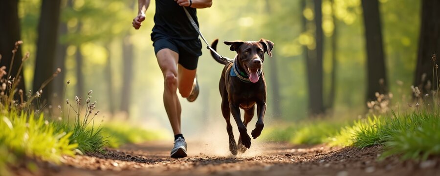 Man and dog run on forest trail during daytime. Fit person wears black sportswear. Animal has harness, leash connects to owner. They compete in outdoor race, enjoy healthy activity together.