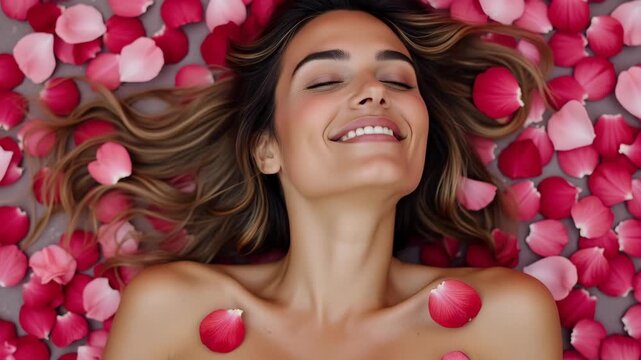 European woman having orgasm. Beautiful woman with open mouth and closed eyes enjoying sex lying among rose petals. Sexual experience, getting sexual pleasure, masturbation, cunnilingus.