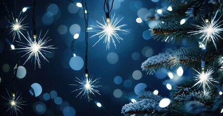 Winter scene. Bright lights illuminate snowy branches. Bokeh effect creates soft, magical atmosphere. Festive holiday mood.