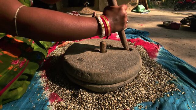 An Indian woman in a rural village uses a traditional hand-operated millstone (quern) to grind black gram lentils, showcasing authentic village life, heritage food preparation, and indigenous househol