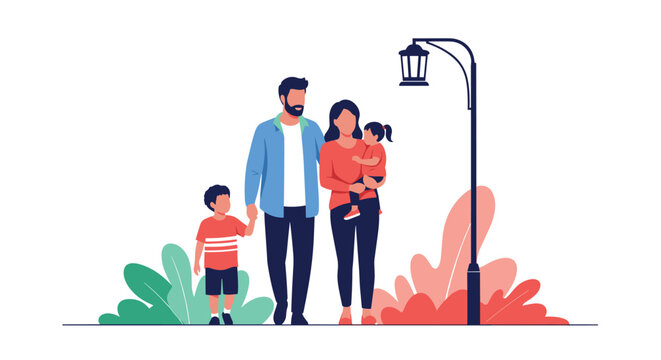 Happy family of four consisting of parents and two children walking together during a peaceful evening stroll in a park with leaves.