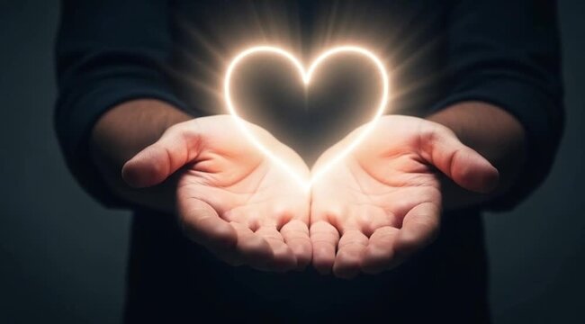 Person's Hands Holding a Luminous Glowing Heart Symbol against a Dark Background