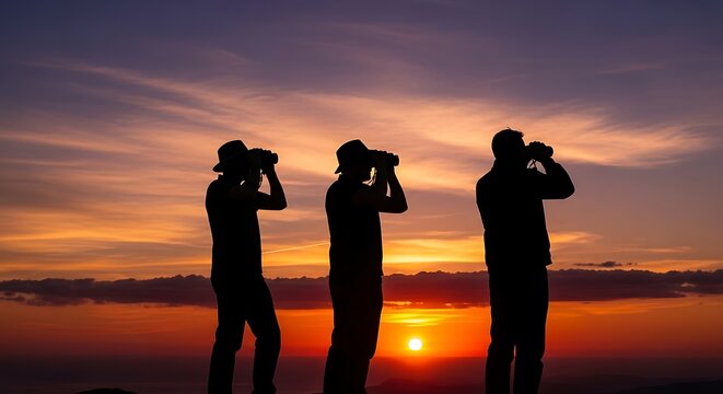 Silhouetted observers capturing the sunsets vibrant colors with their cameras. - Powered by Adobe