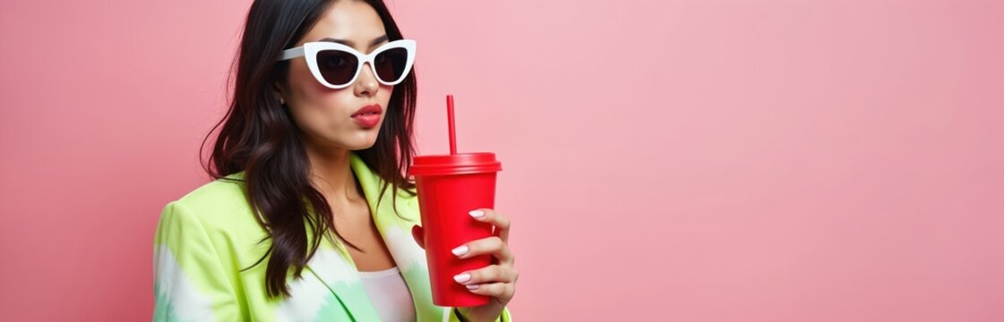 Young woman with white sunglasses holds red cup with straw. She wears a bright green blazer and poses against a pink backdrop. Woman drinks from the cup with a pouty expression.