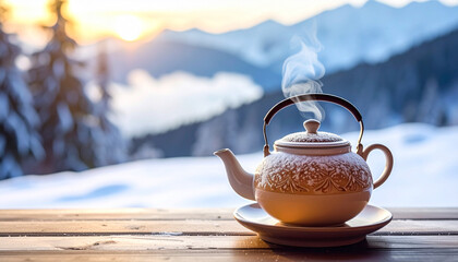 Ceramic teapot with steam, Generated image