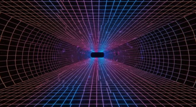 Glowing grid lines form an infinite digital tunnel receding toward a bright exit point - Powered by Adobe