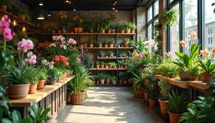 Interior of vibrant flower shop filled with green plants, colorful orchids. Shelves display various potted flowers, decorative items. Natural light streams through large windows, creating warm,