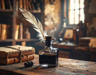 Glass ink bottle with quill, Generated image	

