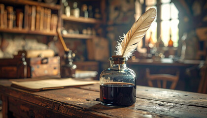 Glass ink bottle with quill, Generated image	
