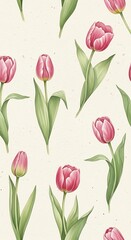 Obraz premium Elegant floral pattern of pink tulips on a light background.