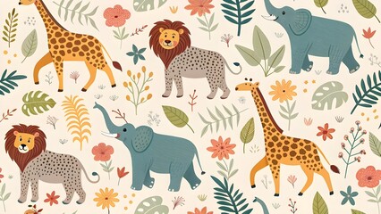 Vibrant jungle animals in lush floral pattern for kids